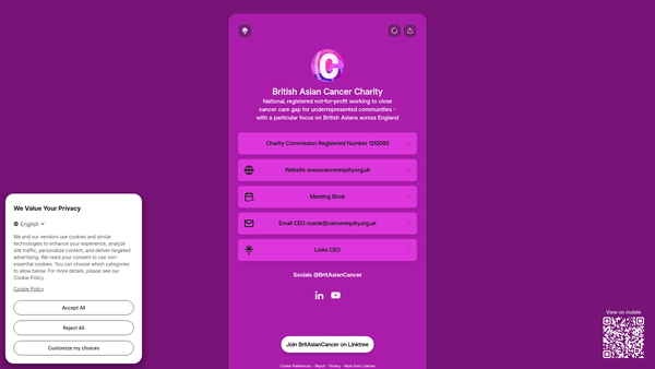 Screenshot of the British Asian Cancer Charity website