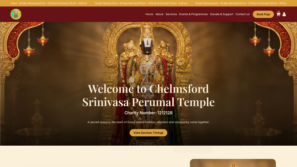 Screenshot of the Chelmsford Srinivasa Perumal Temple CIO website