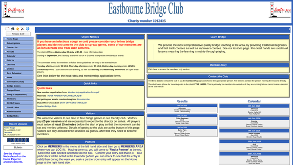 Screenshot of the Eastbourne Bridge Club website