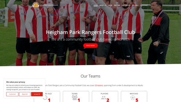 Screenshot of the Heigham Park Rangers Football Club website