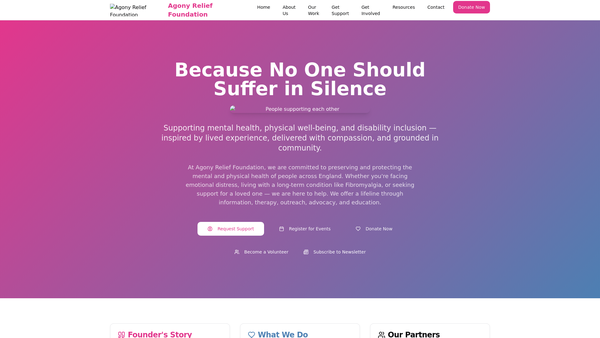 Screenshot of the Agony Relief Foundation website
