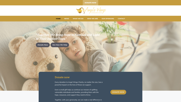 Screenshot of the Angels Wings Charity website