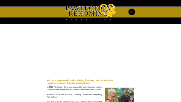 Screenshot of the Pawfection Rehoming Foundation website