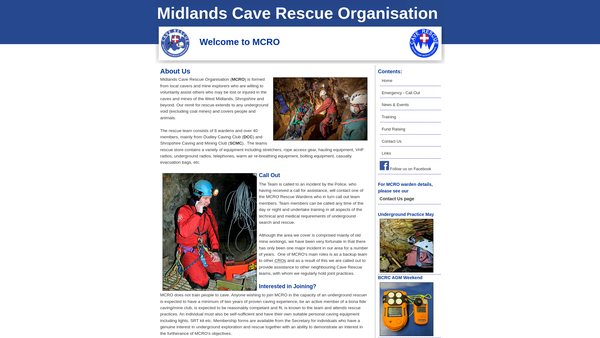 Screenshot of the Midlands Cave Rescue Organisation website