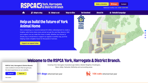 Screenshot of the Royal Society For The Prevention Of Cruelty To Animals York, Harrogate & District Branch CIO website