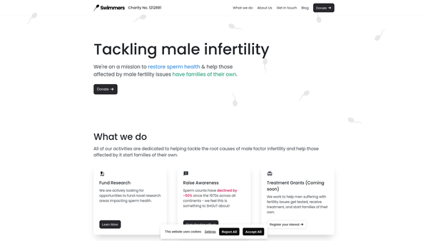 Screenshot of the Swimmers Male Fertility website