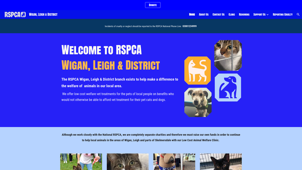 Screenshot of the Royal Society For The Prevention Of Cruelty To Animals Wigan, Leigh And District Branch CIO website