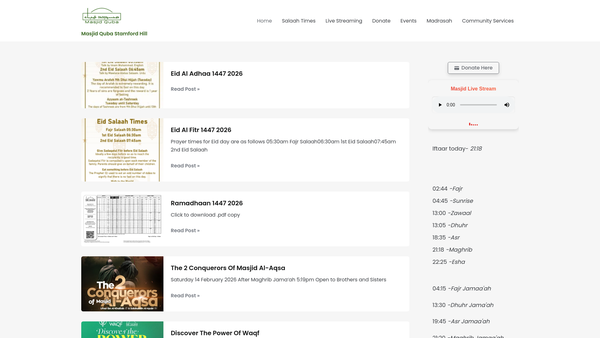 Screenshot of the North London Mosque Trust(masjid-E-Quba) website