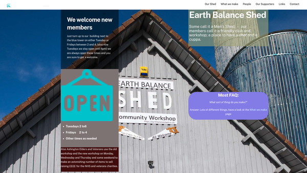 Screenshot of the Earth Balance Shed website