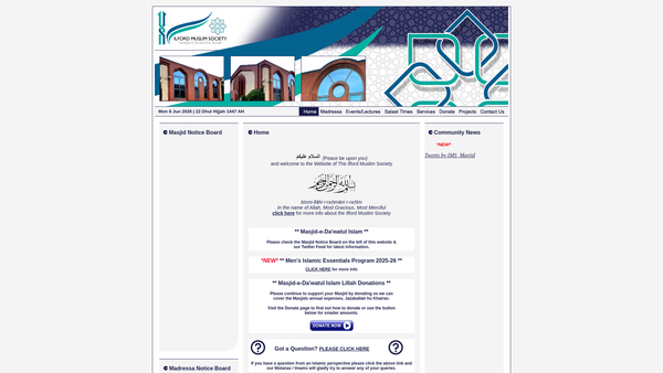 Screenshot of the Ilford Muslim Society CIO website