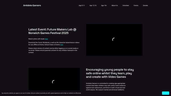 Screenshot of the Antidote Gamers website