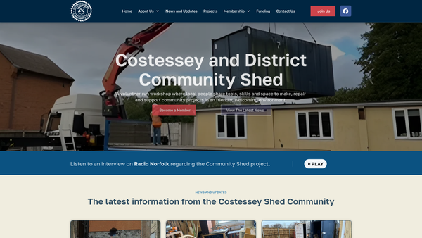 Screenshot of the Costessey And District Community Shed CIO website