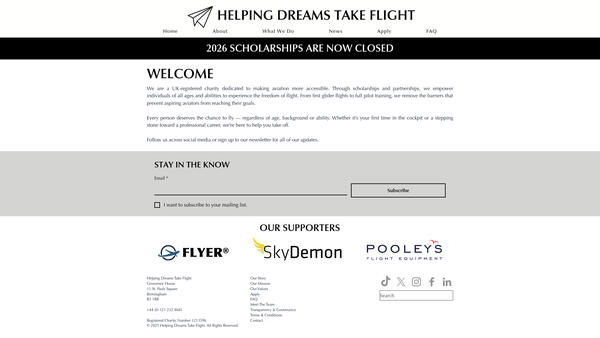 Screenshot of the Helping Dreams Take Flight website