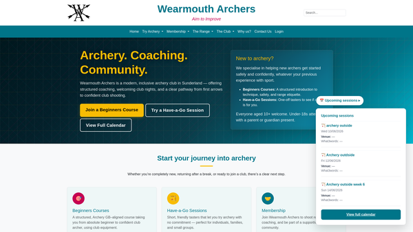 Screenshot of the Wearmouth Archers website