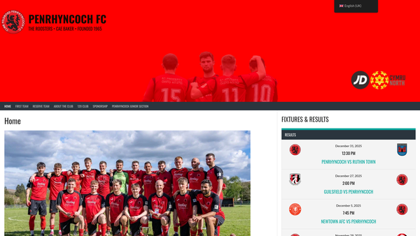 Screenshot of the Penrhyncoch Football Club website