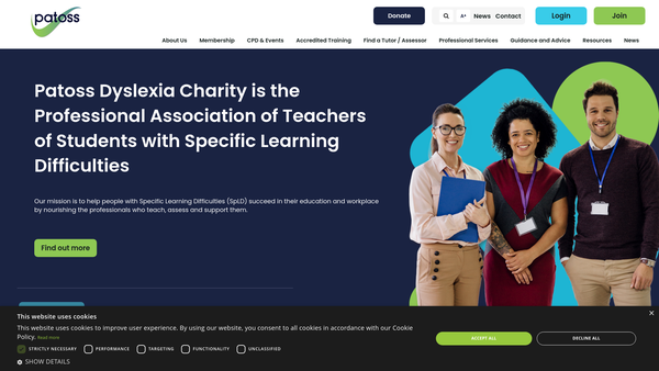 Screenshot of the Patoss, The Professional Association Of Teachers Of Students With Specific Learning Difficulties website