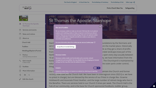 Screenshot of the The Parochial Church Council Of The Ecclesiastical Parish Of St Thomas, Stanhope, In The Diocese Of Durham website