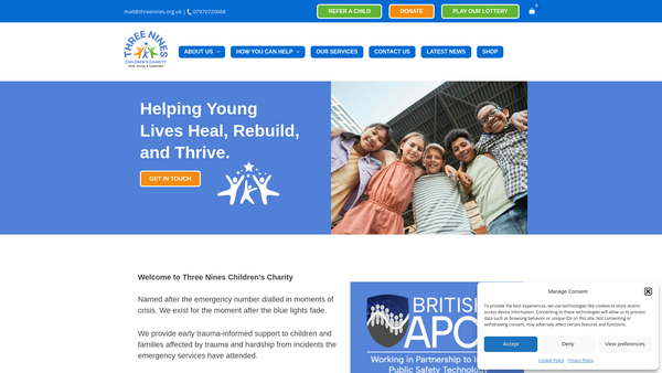 Screenshot of the Three Nines Children's Charity website