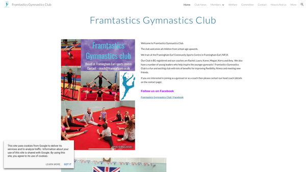 Screenshot of the Framtastics Gymnastics Club website