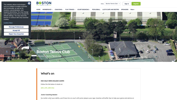 Screenshot of the Boston Tennis Club website