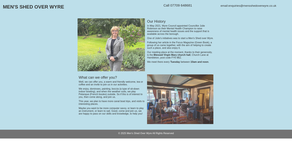 Screenshot of the Men's Shed Over Wyre CIO website