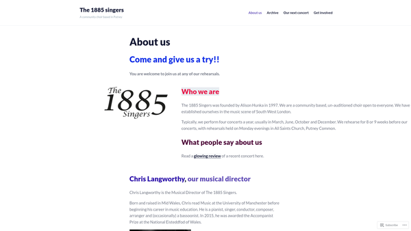 Screenshot of the The 1885 Singers website