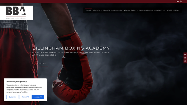 Screenshot of the Billingham Boxing Academy website