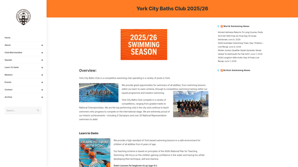 Screenshot of the York City Baths Club website