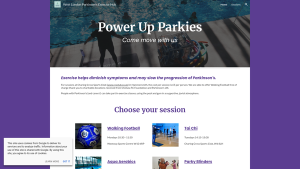 Screenshot of the West London Parkinson's Exercise Hub website