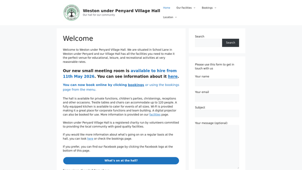 Screenshot of the Weston Under Penyard Village Hall website
