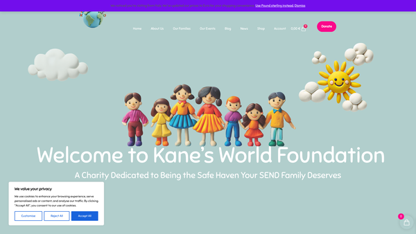 Screenshot of the Kane's World Foundation website