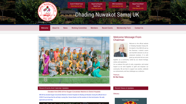 Screenshot of the Dhading Nuwakot Samaj UK (Dns UK) website