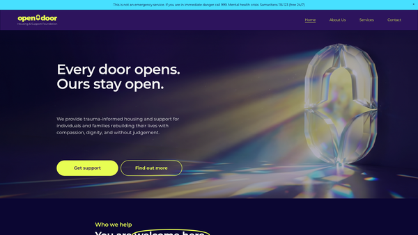 Screenshot of the Open Door Housing & Support Foundation website