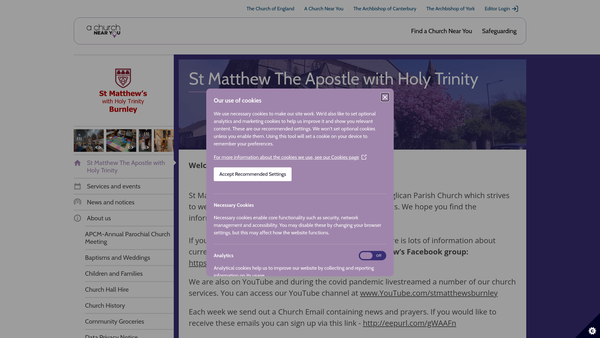 Screenshot of the The Parochial Church Council Of The Ecclesiastical Parish Of St Matthew The Apostle With Holy Trinity Burnley (Habergham Eaves) In The Diocese Of Blackburn website