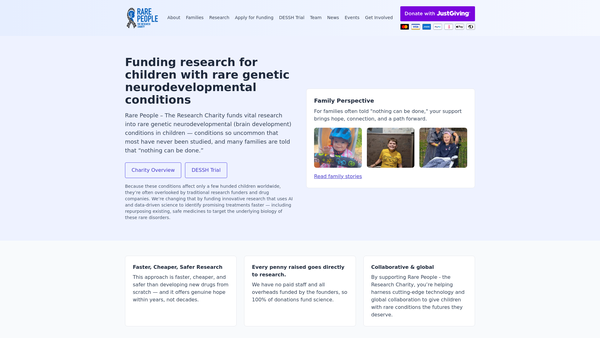 Screenshot of the Rare People - The Research Charity website