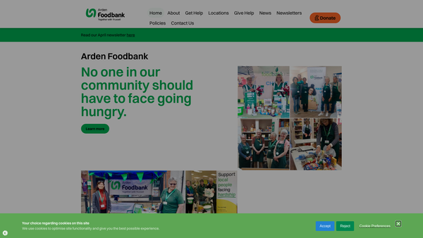 Screenshot of the Arden Foodbank website