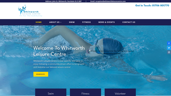 Screenshot of the Whitworth Leisure Centre And Wellbeing Hub website