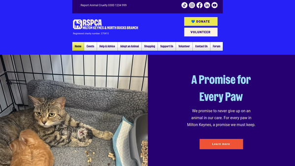 Screenshot of the Royal Society For The Prevention Of Cruelty To Animals Milton Keynes And North Buckinghamshire Branch CIO website