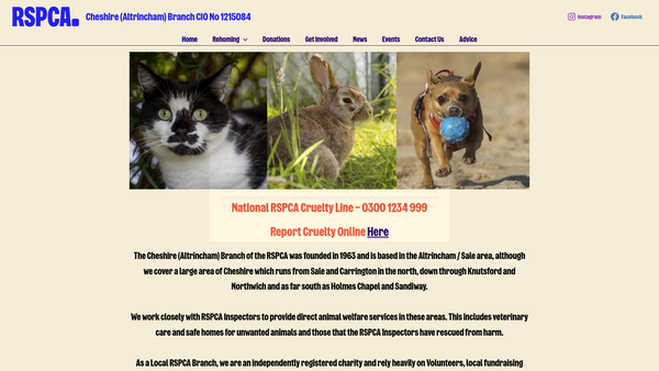 Screenshot of the Royal Society For The Prevention Of Cruelty To Animals Cheshire (Altrincham) Branch CIO website