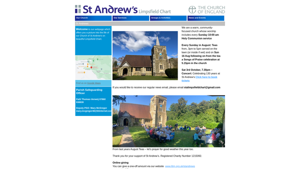 Screenshot of the The Parochial Church Council Of The Ecclesiastical Parish Of St Andrew, Limpsfield Chart In The Diocese Of Southwark website