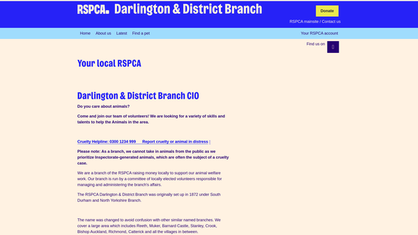 Screenshot of the Royal Society For The Prevention Of Cruelty To Animals Darlington & District Branch CIO website