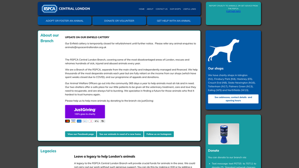Screenshot of the Royal Society For The Prevention Of Cruelty To Animals Central London Branch CIO website