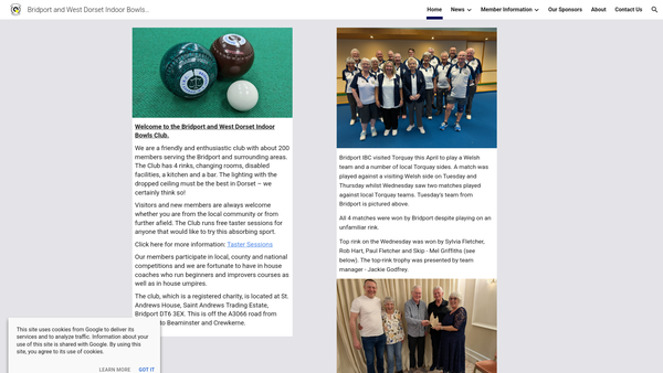 Screenshot of the Bridport And West Dorset Indoor Bowls Club website