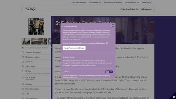 Screenshot of the The Parochial Church Council Of The Ecclesiastical Parish Of St. Dubricius, Porlock, St. Nicholas, Porlock Weir With Stoke Pero In The Diocese Of Bath And Wells website