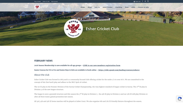 Screenshot of the Esher Cricket Club Limited website
