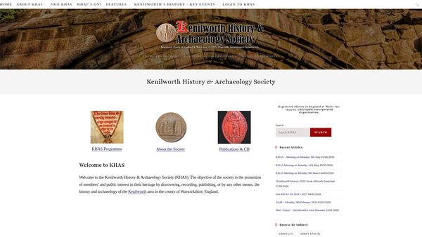 Screenshot of the The Kenilworth History And Archaeology Society website