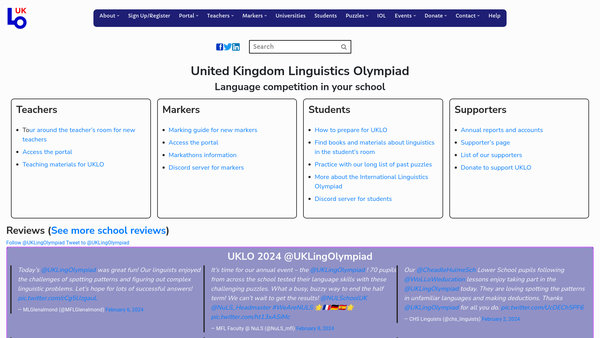Screenshot of the The United Kingdom Linguistics Olympiad (Uklo) website