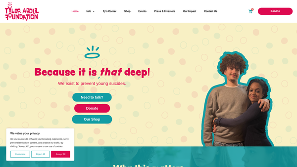 Screenshot of the Tyler Abdul Foundation - For Prevention Of Young Suicide website