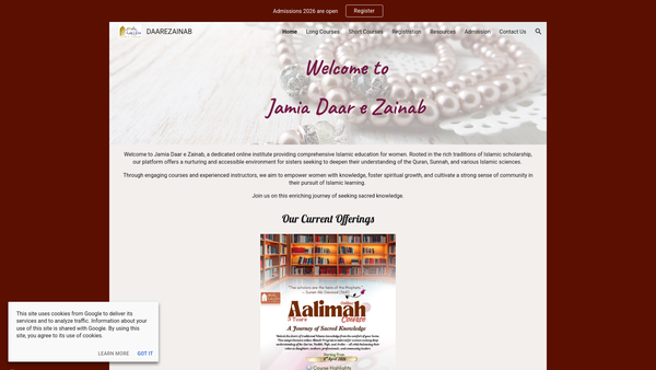 Screenshot of the Jamia Daar E Zainab website