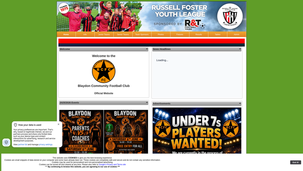 Screenshot of the Blaydon Community Football Club website